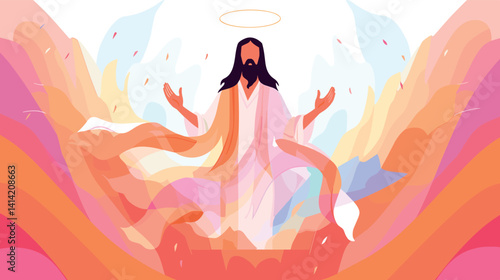 Spiritual peace illustration of bearded figure with halo and vibrant colors flat vector illustration