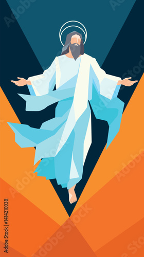 Abstract illustration of bearded male figure in blue and white robes with outstretched arms flat vector illustration