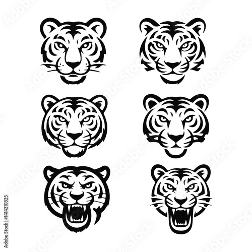 Tiger set logo vector icon Silhouette of a tiger head isolated on white background. Set of tiger head illustrations in black and white. Tiger head design on white background.