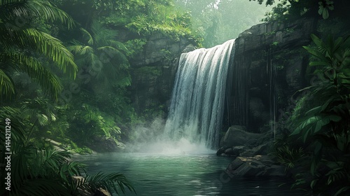 A beautiful waterfall cascades into a tranquil pond surrounded by lush greenery