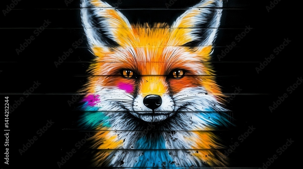 Naklejka premium Vibrant street art of a fox showcasing intricate details and lively colors on a dark background, embodying urban artistic expression and nature's beauty