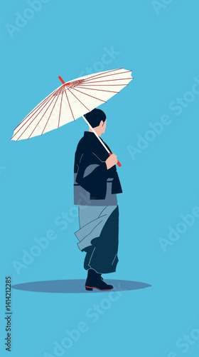 Asian male in traditional kimono with parasol on blue background flat vector illustration