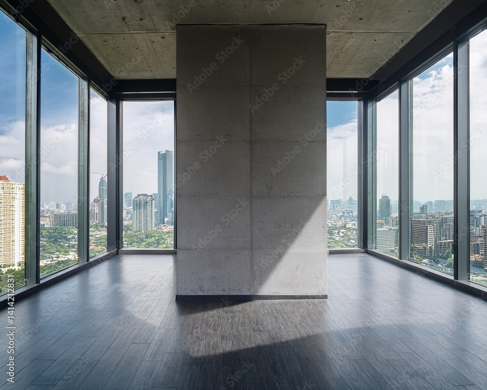 Fototapeta premium Concrete wall mockup in a modern, empty room with large windows on both sides that let in natural light and a panoramic view of the city.