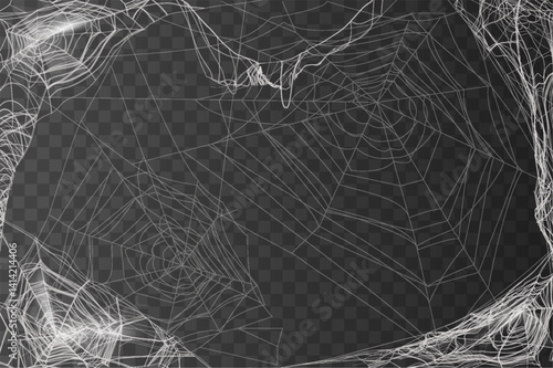 Cobweb on transparent background, hanging spider web frame overlay effect, Halloween, gothic spooky vector illustration
