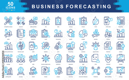 50 business forecasting icons illustrating trends, data modeling, predictions, and growth metrics. Ideal for planning, analytics, revenue strategy, and market performance insights.