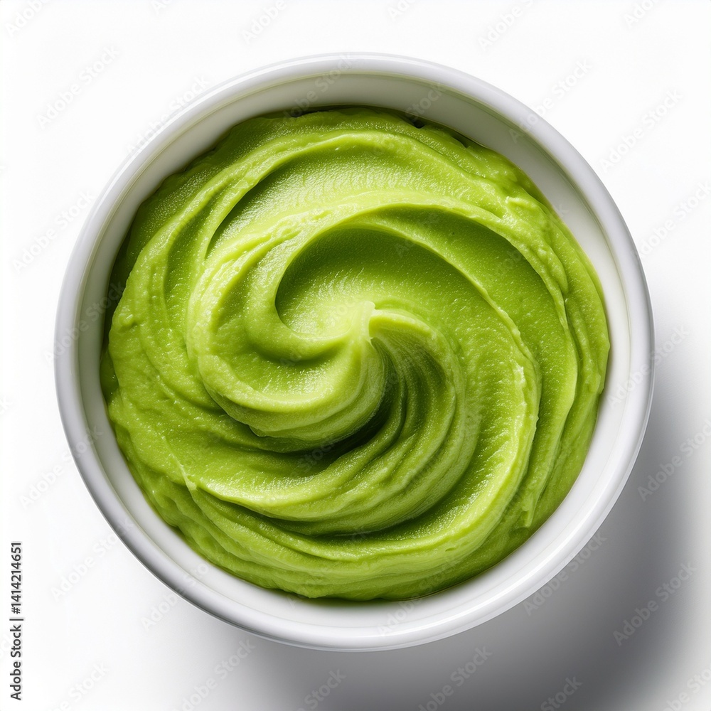 Obraz premium Smooth wasabi paste in white ceramic bowl, isolated on white background