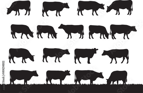 Cow Silhouettes – Black and White Side View Cattle in Minimalist Farm and Livestock Illustration

