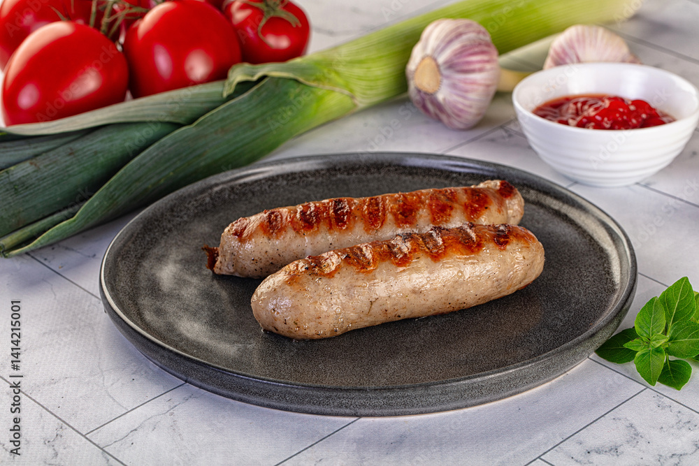 Grilled pork sausages served tomato sauce