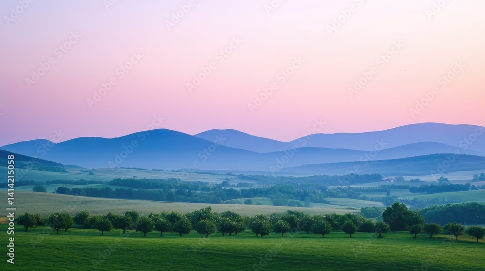 Obraz premium Calm rural landscape with apple trees and distant mountains under pastel skies