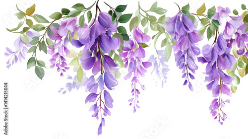 Explore the Beauty of a Stunning Watercolor Wisteria Border with Cascading Purple Flowers and Lush Green Leaves on a Transparent Background