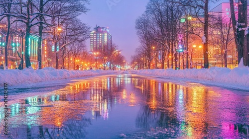 City lights of Sapporo reflecting in the wet streets after a winter rain