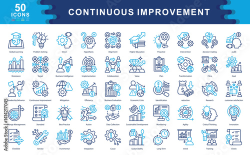 The Continuous Improvement icon set illustrates key elements of innovation, transformation, and process optimization ideal for strategy design, quality management, and sustainable growth.