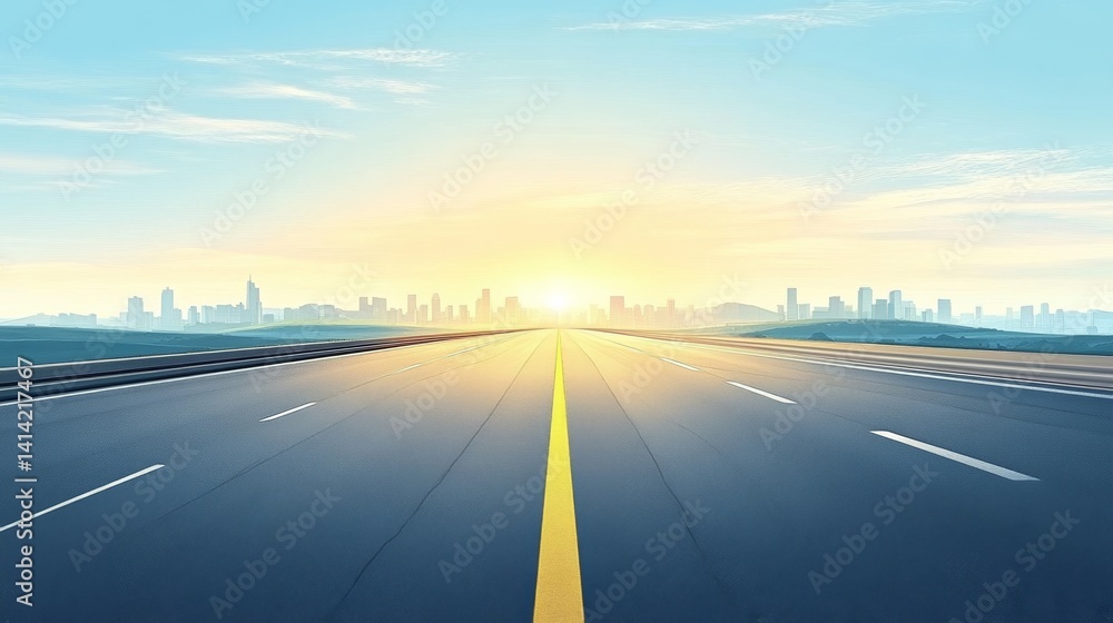 Fototapeta premium Wide empty highway with yellow lane markings, city skyline in the background, clear blue sky, daylight scene, asphalt road with horizon line, spacious horizontal banner with copy space for text