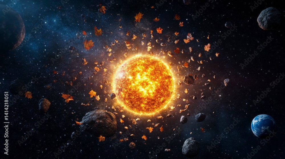 A stunning cosmic scene featuring a fiery sun surrounded by floating autumn leaves and distant planets in deep space A stunning cosmic scene featuring a fiery sun surrounded by floating autumn leaves and distant planets in deep space