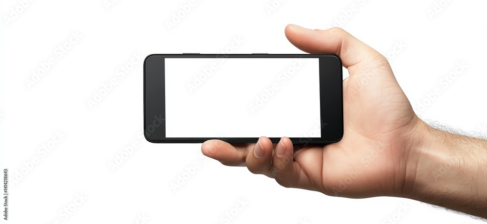 Hyper-realistic photo of a man’s hand holding a modern black smartphone with blank screen isolated on white background, mobile app presentation mockup, digital marketing, technology concept Hyper-realistic photo of a man’s hand holding a modern black smartphone with blank screen isolated on white background, mobile app presentation mockup, digital marketing, technology concept