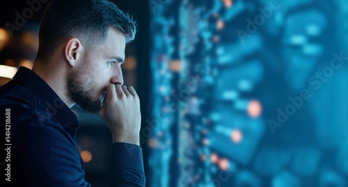 Employee studying digital data, deep in thought, analyzing information on screen, showcasing concentration and determination in modern workspace