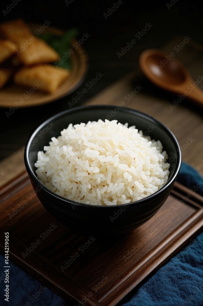 there is a bowl of rice on a wooden tray with a spoon there is a bowl of rice on a wooden tray with a spoon