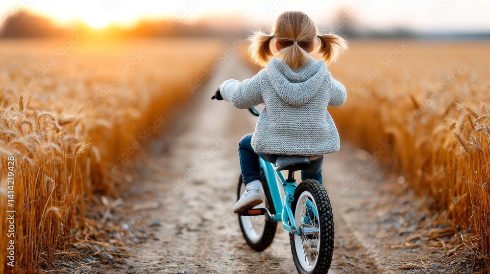 Child Riding Bicycle on Dirt Path Through Golden Wheat Field at Sunset