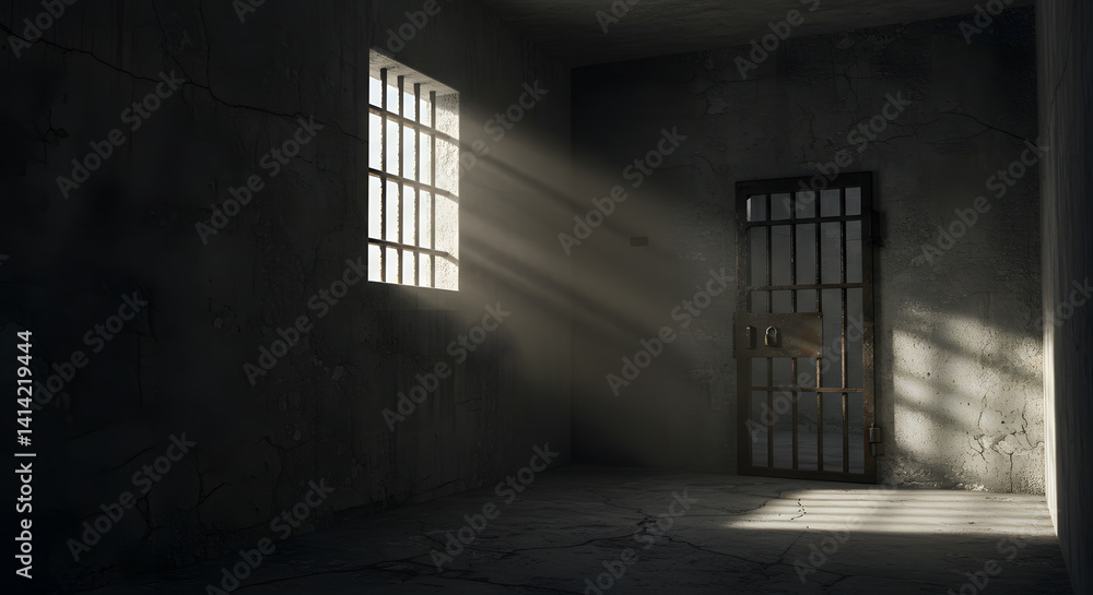 Sunlight Streaming Through Prison Window and Door, Interior Scene Sunlight Streaming Through Prison Window and Door, Interior Scene