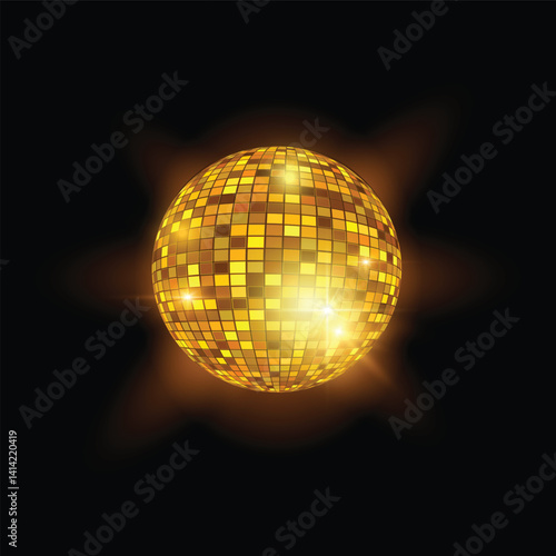 Glowing golden disco ball vector icon, shiny hanging mirror sphere, 80s music dance club, retro festive party decoration