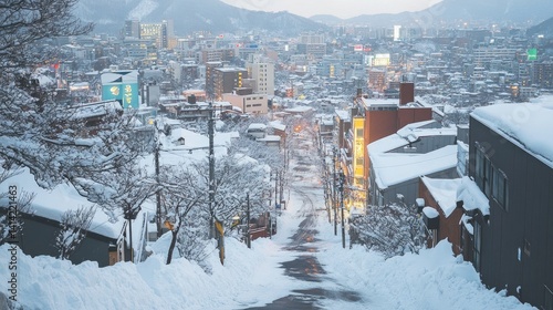Hillside view of Sapporo with snow-covered roofs and winding streets