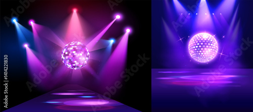 Glowing purple disco ball with spotlights, shiny hanging mirror sphere with illumination, disco party stage vector set