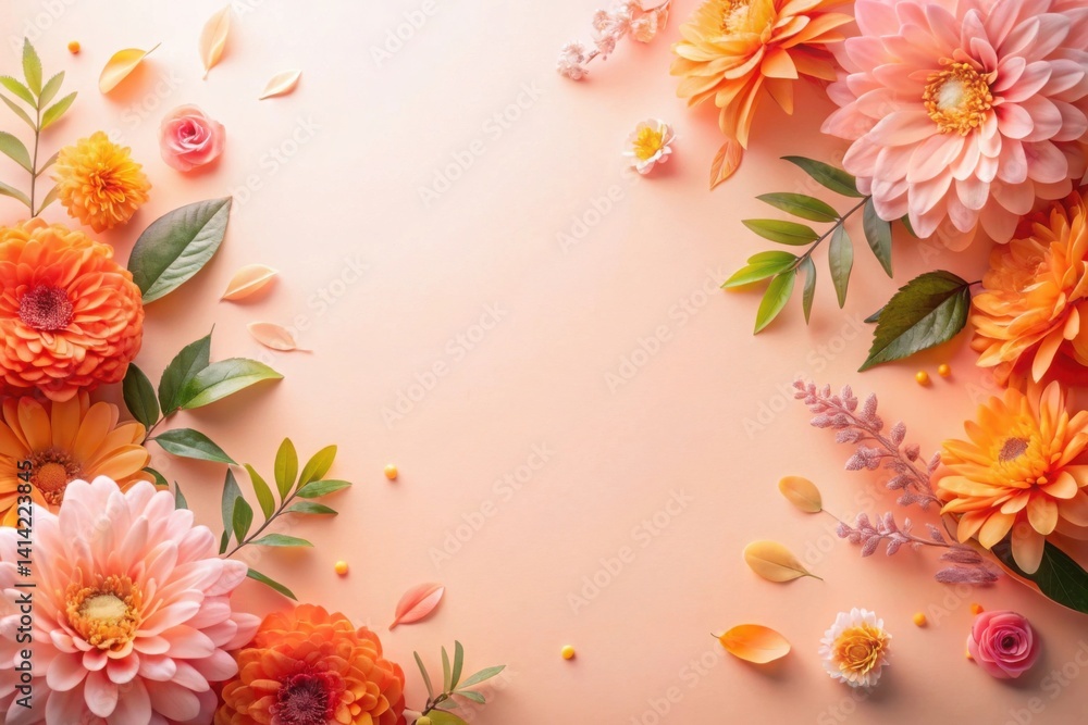 Peach Background With Orange And Pink Floral Frame Arrangement With Leaves And A Central Copy Space Perfect For Spring And Summer Peach Background With Orange And Pink Floral Frame Arrangement With Leaves And A Central Copy Space Perfect For Spring And Summer