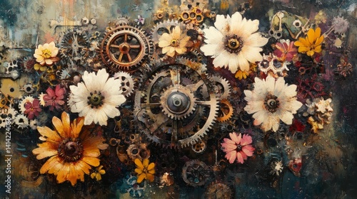Flowers and gears create a steampunk inspired still life on a textured background.