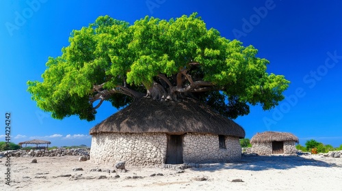 A stunning traditional thatched-roof house surrounded by a vibrant tree under a clear blue sky in a serene landscape