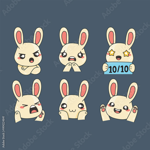 cute rabbit emoticon face collection set in isolated background
