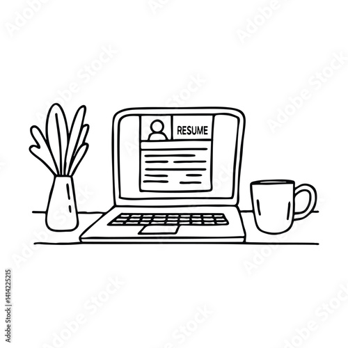 Office table with laptop showing resume draft on screen