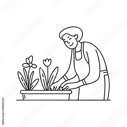 Elderly woman tending flowers in a small backyard garden