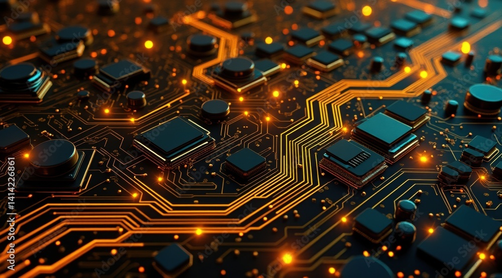 Fototapeta premium Circuit board with glowing details and intricate patterns.