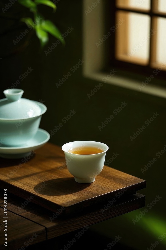 Fototapeta premium there is a cup of tea on a table next to a bowl of tea