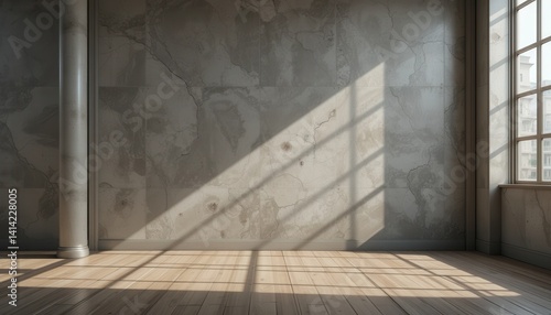 Sunlit Empty Room with Large Windows and Textured Walls Creating a Serene and Minimalist Interior Space