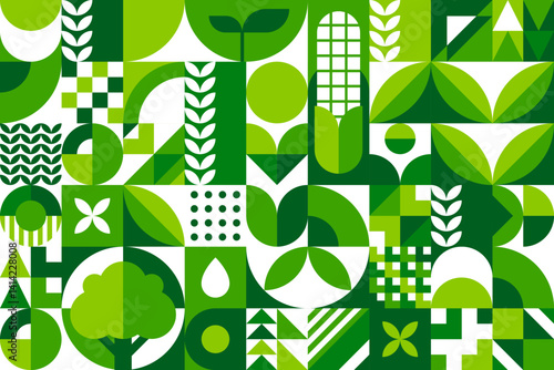 Environment ecology green abstract geometric pattern. Vector mosaic background with natural shapes, patterns and elements of nature in shades of green, symbolize sustainability and ecological harmony