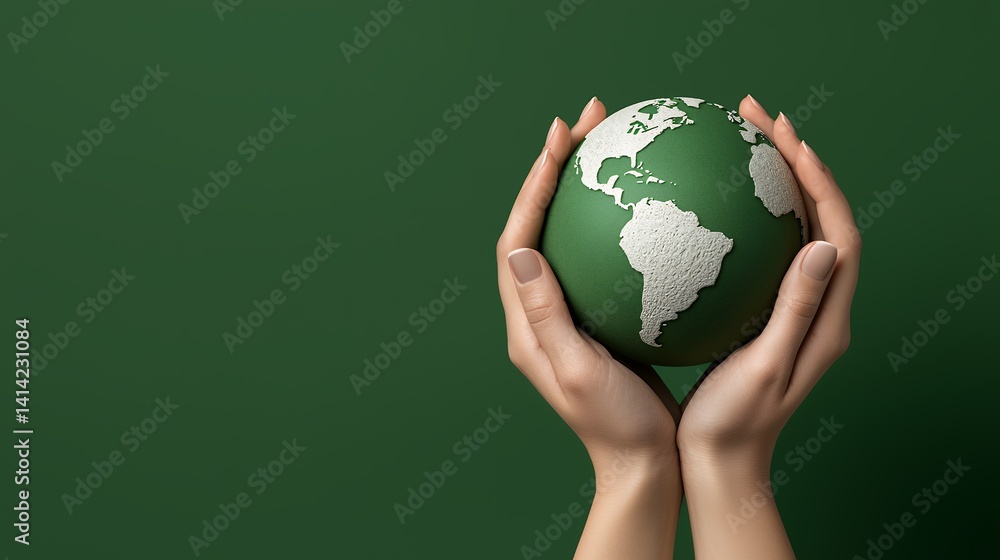 Human Hands Holding a Green Globe with White Continents Human Hands Holding a Green Globe with White Continents