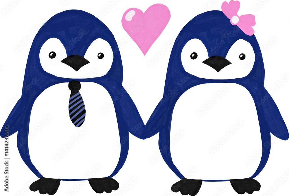 Fototapeta premium Hand drawn illustration of penguin cute wild animal. Funny arctic isolated wildlife baby, polar zoo doodle art print, modern minimal card, adorable winter children valentine love couple.