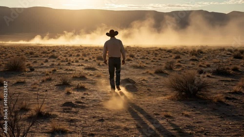 Man in cowboy hat walking through a vast desert landscape