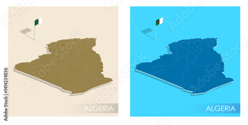 Algeria country flag installed on geographic positioning map point of country territory. Algerian commonwealth banner on land and sea. Festive patriotic HD format template for independence day