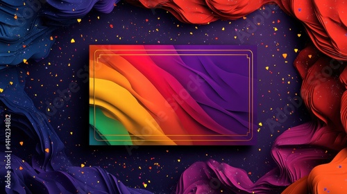 Vibrant Rainbow Abstract with Golden Frame and Confetti