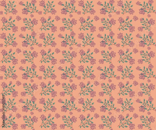 A cute violet flower and green leaf textured with no borderline in orange background pattern