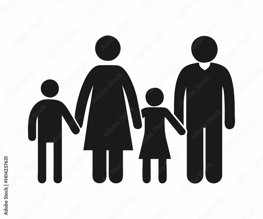 This graphic depicts a family of four—father, mother, and two children—in a simple, stylized icon format. This graphic depicts a family of four—father, mother, and two children—in a simple, stylized icon format.