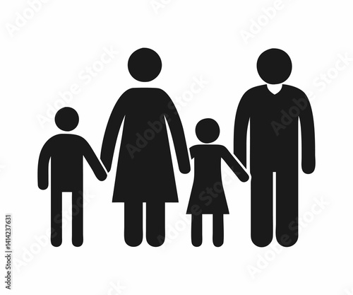This graphic depicts a family of four—father, mother, and two children—in a simple, stylized icon format.