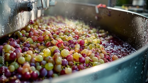 Grape must fills a stainless steel fermentation tank, bubbling and frothing as fermentation begins. This process is essential for wine production at wineries during harvest season