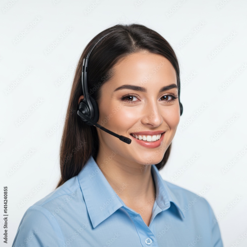 Smiling customer service representative with headset in studio portrait isolated on white background Smiling customer service representative with headset in studio portrait isolated on white background