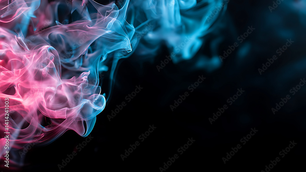 Obraz premium A swirling, smooth flow of colorful smoke and light with patterns of curves and flames in dark, energetic backgrounds, blending blue, black, and fog, creating a dynamic and artistic design
