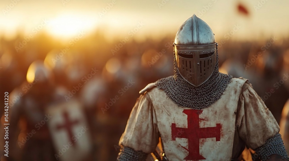 Close-up of armored medieval knight in battle with sunlight casting across a vast army field. Historical reenactment with soldiers wearing helmets and armor Close-up of armored medieval knight in battle with sunlight casting across a vast army field. Historical reenactment with soldiers wearing helmets and armor