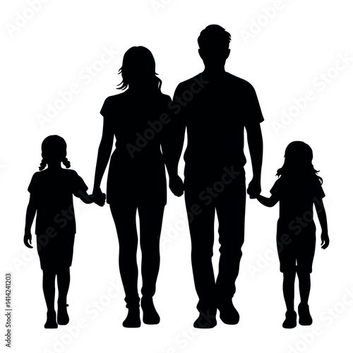 Family silhouette parents with two daughters, family walking together