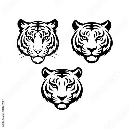  Set of tiger head illustrations in black and white. Tiger head design on white background.Tiger set logo vector icon Silhouette of a tiger head isolated on white background.
